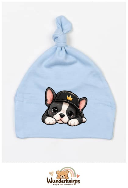 Knotenmütze Babybugz BZ15 in Staubblau mit Motiv Bulldogge mit Cap