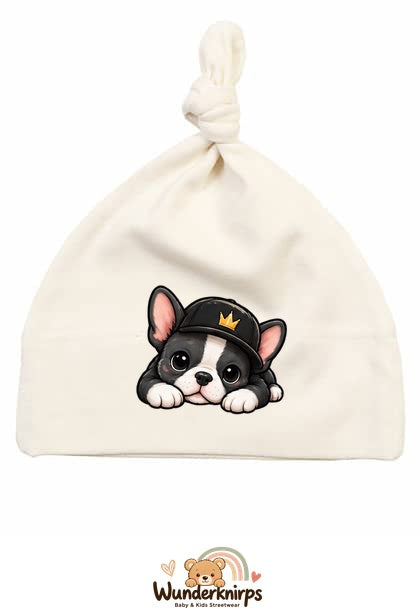 Knotenmütze Babybugz BZ15 in Natur mit Motiv Bulldogge mit Cap