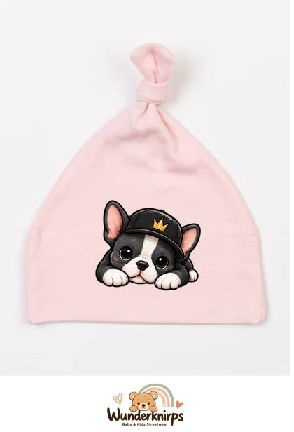 Knotenmütze Babybugz BZ15 in Pastellrosa mit Motiv Bulldogge mit Cap