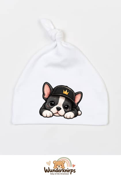 Knotenmütze Babybugz BZ15 in Weiß mit Motiv Bulldogge mit Cap
