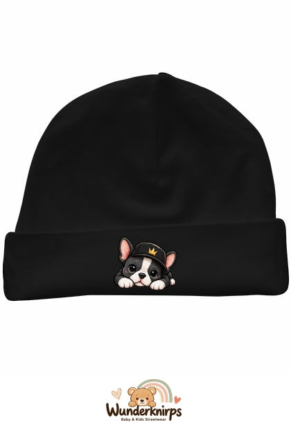 Umschlagmütze Rox-01 in Schwarz mit Motiv Bulldogge mit Cap
