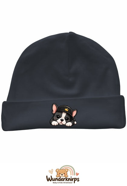 Umschlagmütze Rox-01 in Anthrazit mit Motiv Bulldogge mit Cap