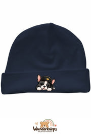 Umschlagmütze Rox-01 in Marineblau mit Motiv Bulldogge mit Cap