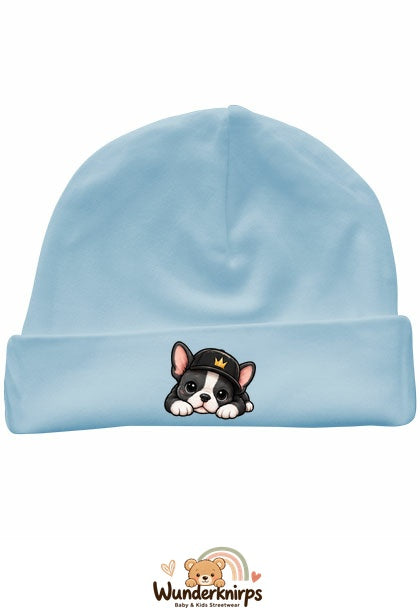 Umschlagmütze Rox-01 in Pastellblau mit Motiv Bulldogge mit Cap