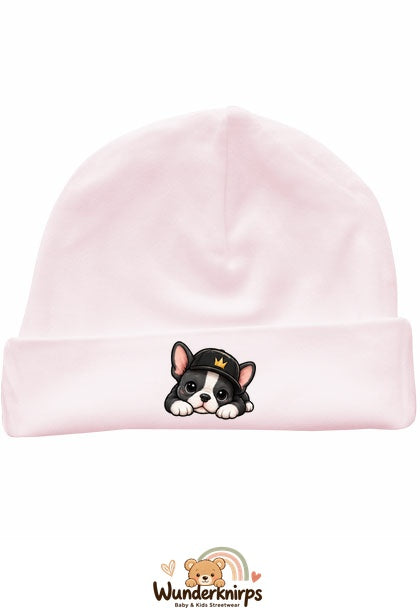 Umschlagmütze Rox-01 in Pastellrosa mit Motiv Bulldogge mit Cap
