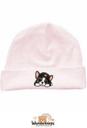 Umschlagmütze Rox-01 in Pastellrosa mit Motiv Bulldogge mit Cap