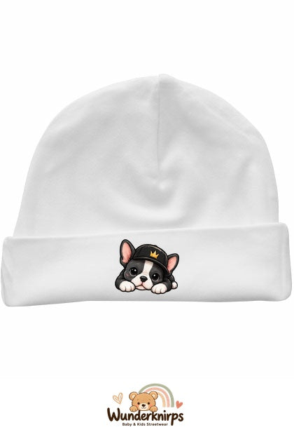 Umschlagmütze Rox-01 in Weiß mit Motiv Bulldogge mit Cap