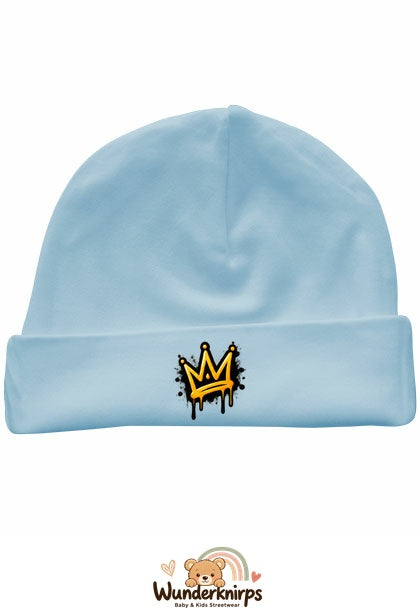 Umschlagmütze Rox-01 in Pastellblau mit Motiv Graffiti-Krone