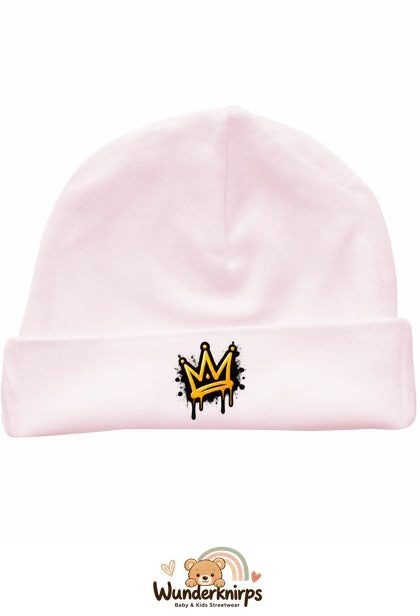 Umschlagmütze Rox-01 in Pastellrosa mit Motiv Graffiti-Krone