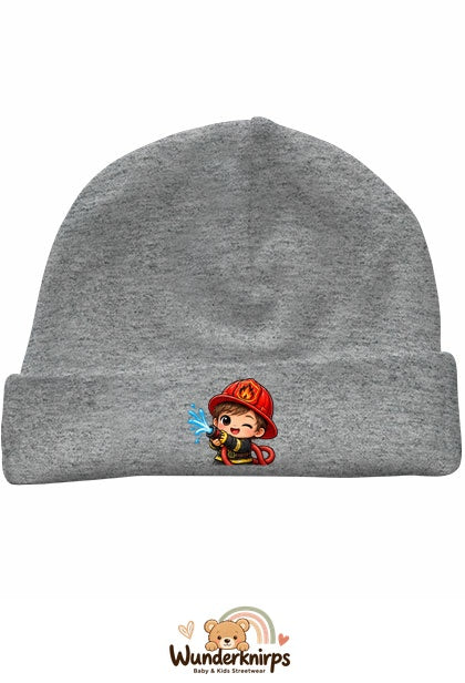 Umschlagmütze Rox-01 in Grau meliert mit Motiv Kleiner Feuerwehrmann