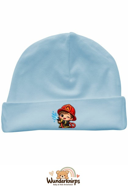 Umschlagmütze Rox-01 in Pastellblau mit Motiv Kleiner Feuerwehrmann