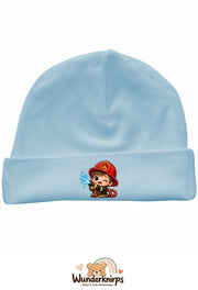 Umschlagmütze Rox-01 in Pastellblau mit Motiv Kleiner Feuerwehrmann