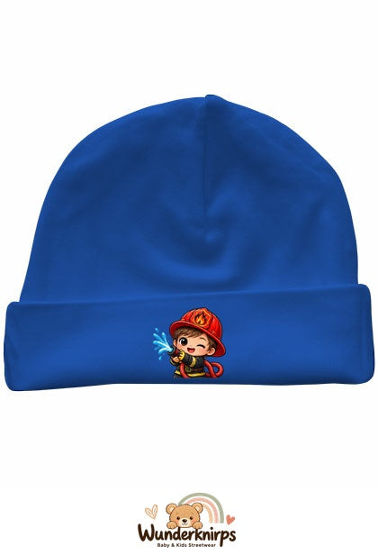 Umschlagmütze Rox-01 in Royalblau mit Motiv Kleiner Feuerwehrmann
