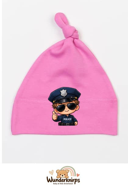 Knotenmütze Babybugz BZ15 in Bubblegum-Pink mit Motiv Kleiner Polizist