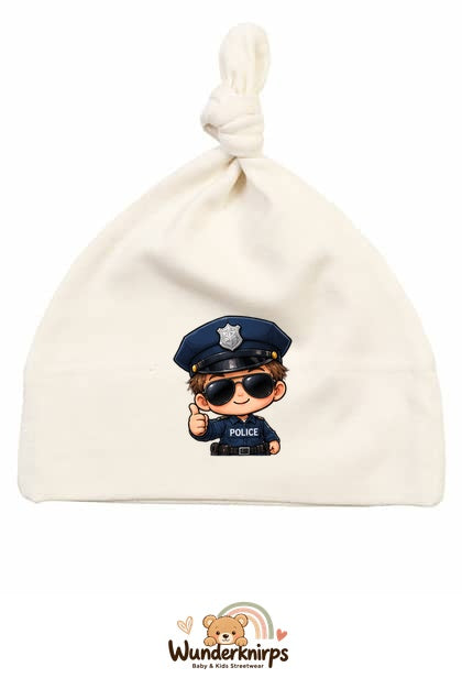 Knotenmütze Babybugz BZ15 in Natur mit Motiv Kleiner Polizist