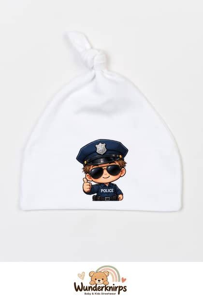 Knotenmütze Babybugz BZ15 in Weiß mit Motiv Kleiner Polizist