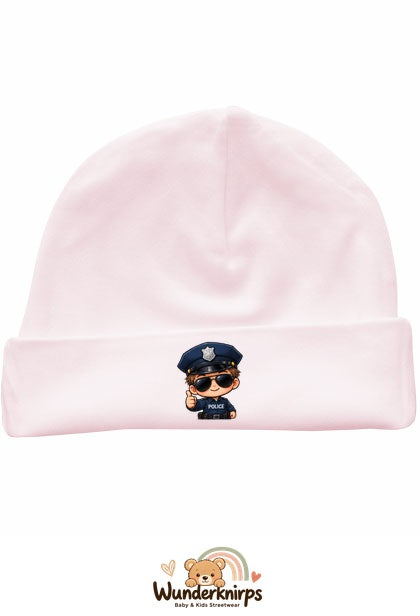 Umschlagmütze Rox-01 in Pastellrosa mit Motiv Kleiner Polizist
