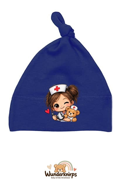 Knotenmütze Babybugz BZ15 in Marineblau mit Motiv Pflegeheldin mit Teddy