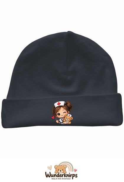 Umschlagmütze Rox-01 in Anthrazit mit Motiv Pflegeheldin mit Teddy