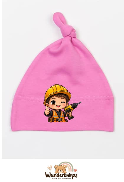 Knotenmütze Babybugz BZ15 in Bubblegum-Pink mit Motiv Baumeister mit Bohrer
