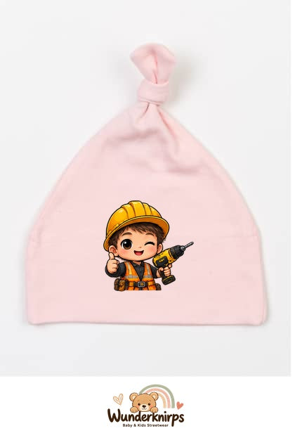 Knotenmütze Babybugz BZ15 in Pastellrosa mit Motiv Baumeister mit Bohrer