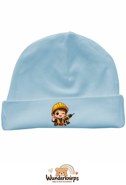 Umschlagmütze Rox-01 in Pastellblau mit Motiv Baumeister mit Bohrer