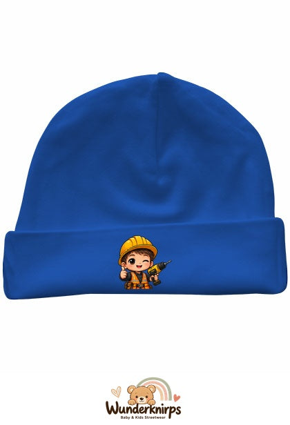 Umschlagmütze Rox-01 in Royalblau mit Motiv Baumeister mit Bohrer
