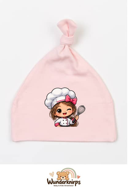 Knotenmütze Babybugz BZ15 in Pastellrosa mit Motiv Köchin mit Schneebesen