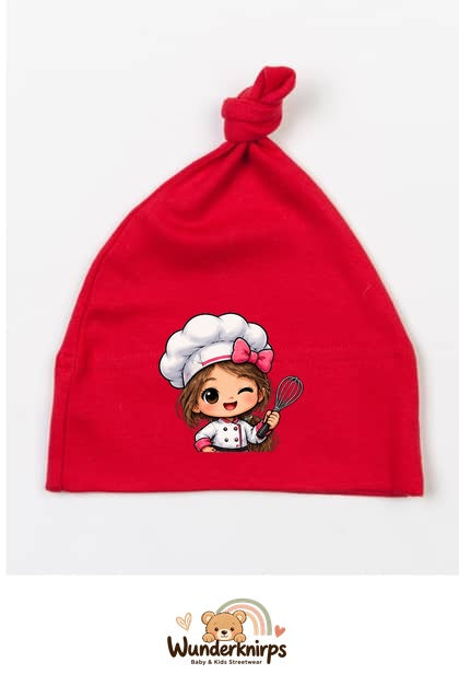 Knotenmütze Babybugz BZ15 in Rot mit Motiv Köchin mit Schneebesen