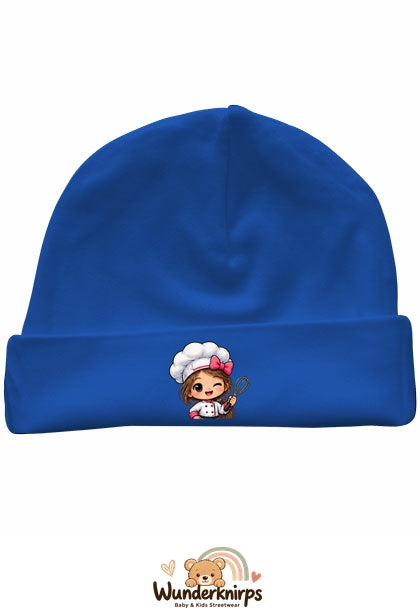 Umschlagmütze Rox-01 in Royalblau mit Motiv Köchin mit Schneebesen