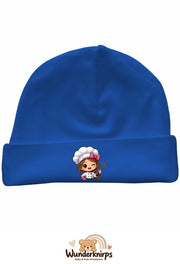 Umschlagmütze Rox-01 in Royalblau mit Motiv Köchin mit Schneebesen