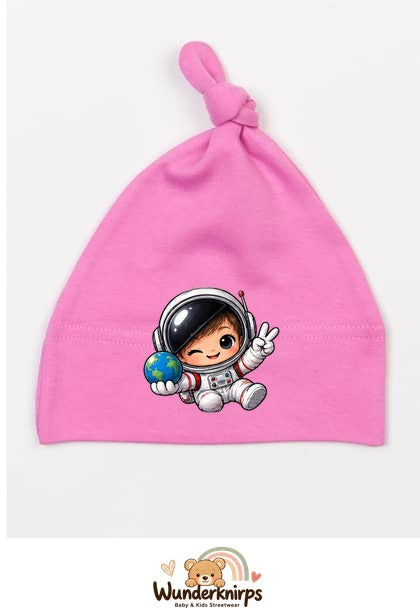 Knotenmütze Babybugz BZ15 in Bubblegum-Pink mit Motiv Astronaut mit Weltkugel