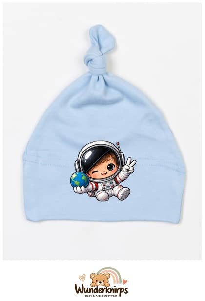 Knotenmütze Babybugz BZ15 in Staubblau mit Motiv Astronaut mit Weltkugel