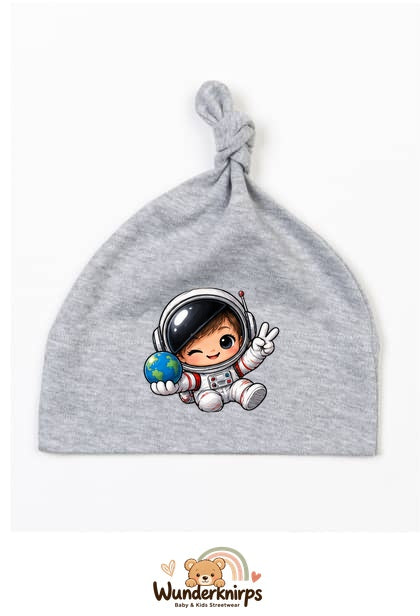 Knotenmütze Babybugz BZ15 in Grau meliert mit Motiv Astronaut mit Weltkugel