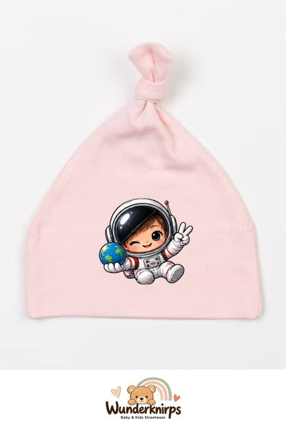 Knotenmütze Babybugz BZ15 in Pastellrosa mit Motiv Astronaut mit Weltkugel