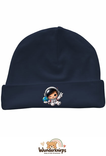 Umschlagmütze Rox-01 in Marineblau mit Motiv Astronaut mit Weltkugel