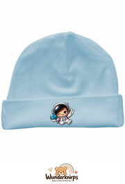 Umschlagmütze Rox-01 in Pastellblau mit Motiv Astronaut mit Weltkugel