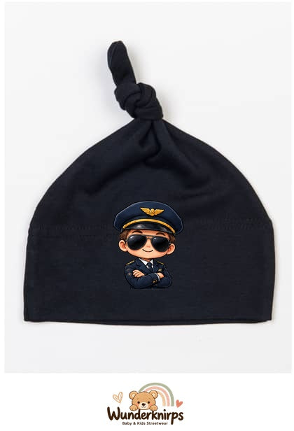 Knotenmütze Babybugz BZ15 in Schwarz mit Motiv Pilot mit Sonnenbrille