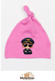 Knotenmütze Babybugz BZ15 in Bubblegum-Pink mit Motiv Pilot mit Sonnenbrille