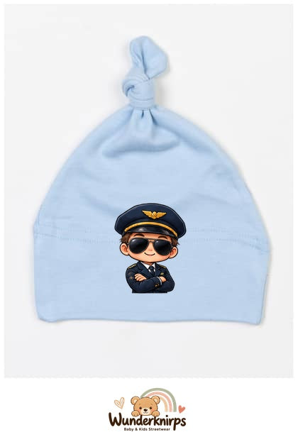 Knotenmütze Babybugz BZ15 in Staubblau mit Motiv Pilot mit Sonnenbrille