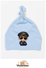 Knotenmütze Babybugz BZ15 in Staubblau mit Motiv Pilot mit Sonnenbrille