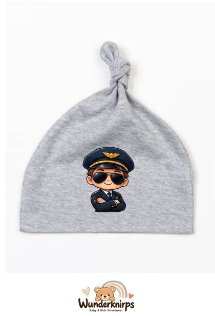 Knotenmütze Babybugz BZ15 in Grau meliert mit Motiv Pilot mit Sonnenbrille