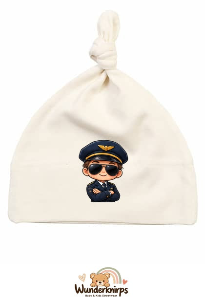 Knotenmütze Babybugz BZ15 in Natur mit Motiv Pilot mit Sonnenbrille