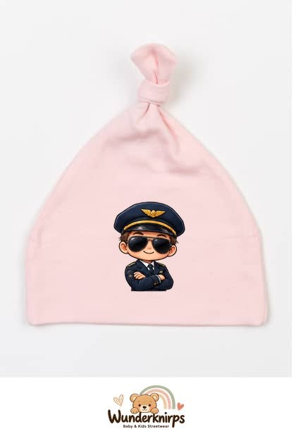 Knotenmütze Babybugz BZ15 in Pastellrosa mit Motiv Pilot mit Sonnenbrille