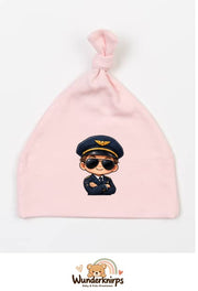 Knotenmütze Babybugz BZ15 in Pastellrosa mit Motiv Pilot mit Sonnenbrille