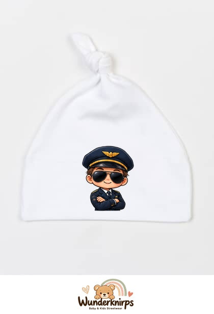 Knotenmütze Babybugz BZ15 in Weiß mit Motiv Pilot mit Sonnenbrille