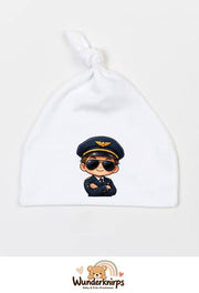 Knotenmütze Babybugz BZ15 in Weiß mit Motiv Pilot mit Sonnenbrille