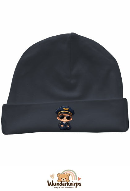 Umschlagmütze Rox-01 in Anthrazit mit Motiv Pilot mit Sonnenbrille