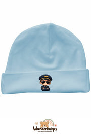 Umschlagmütze Rox-01 in Pastellblau mit Motiv Pilot mit Sonnenbrille