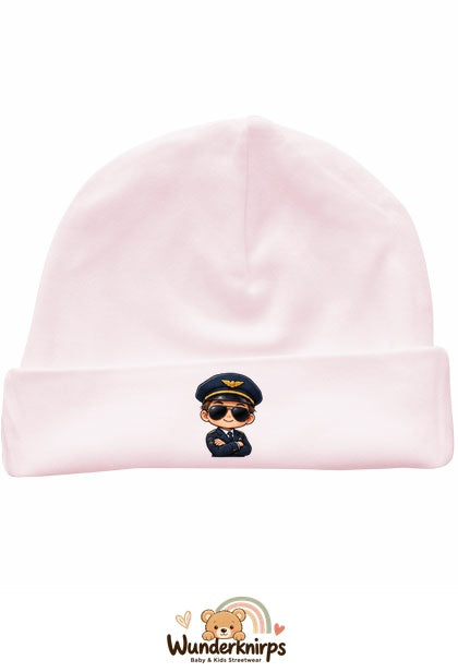 Umschlagmütze Rox-01 in Pastellrosa mit Motiv Pilot mit Sonnenbrille